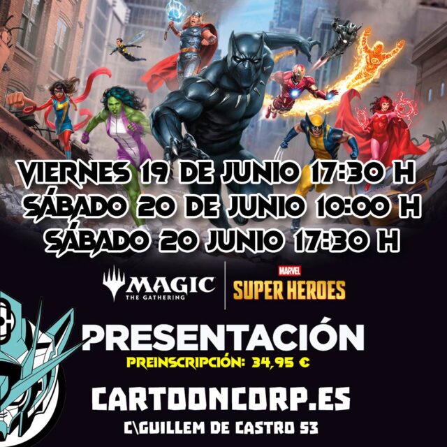Ya tenéis disponible todos los torneos de la semana y recordaros que ya podéis reservar vuestra plaza para la presentación de Marvel en nuestra web Cartooncorp.es