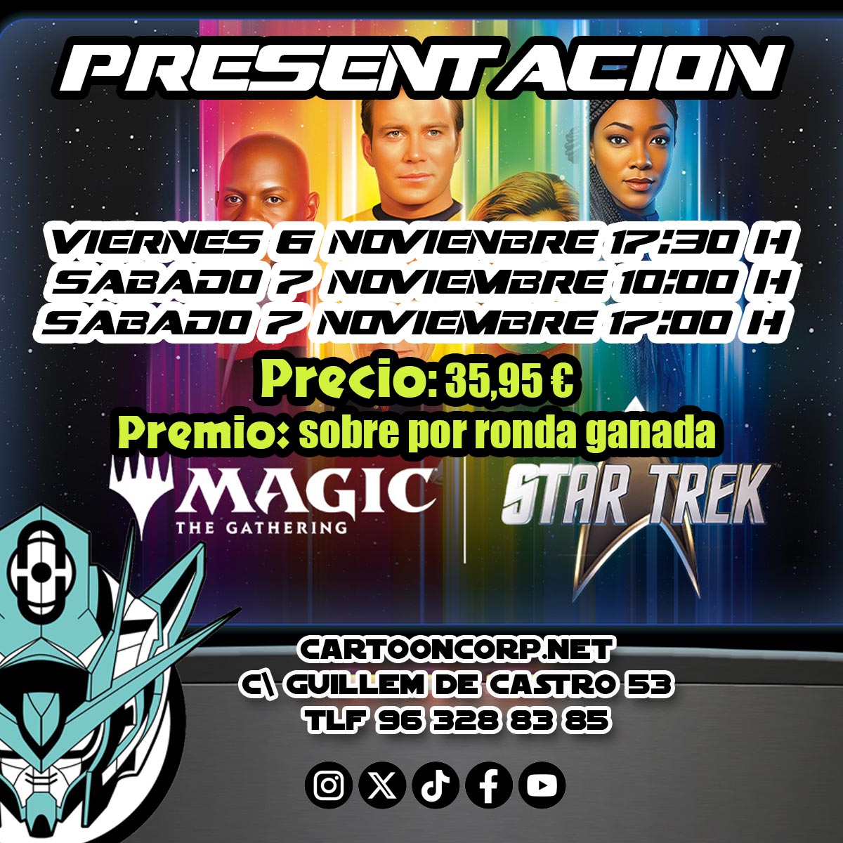 Ya podeis reservar el torneo de presentación de la nueva colección de #magicthegathering  de Star Treck

👉https://cartooncorp.net/busqueda?controller=search&s=torneo+trc