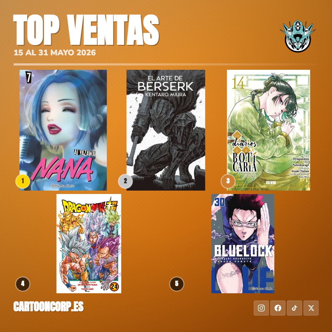 Top 5 ventas cómic y manga CartoonCorp del 15 al 31 de mayo de 2026